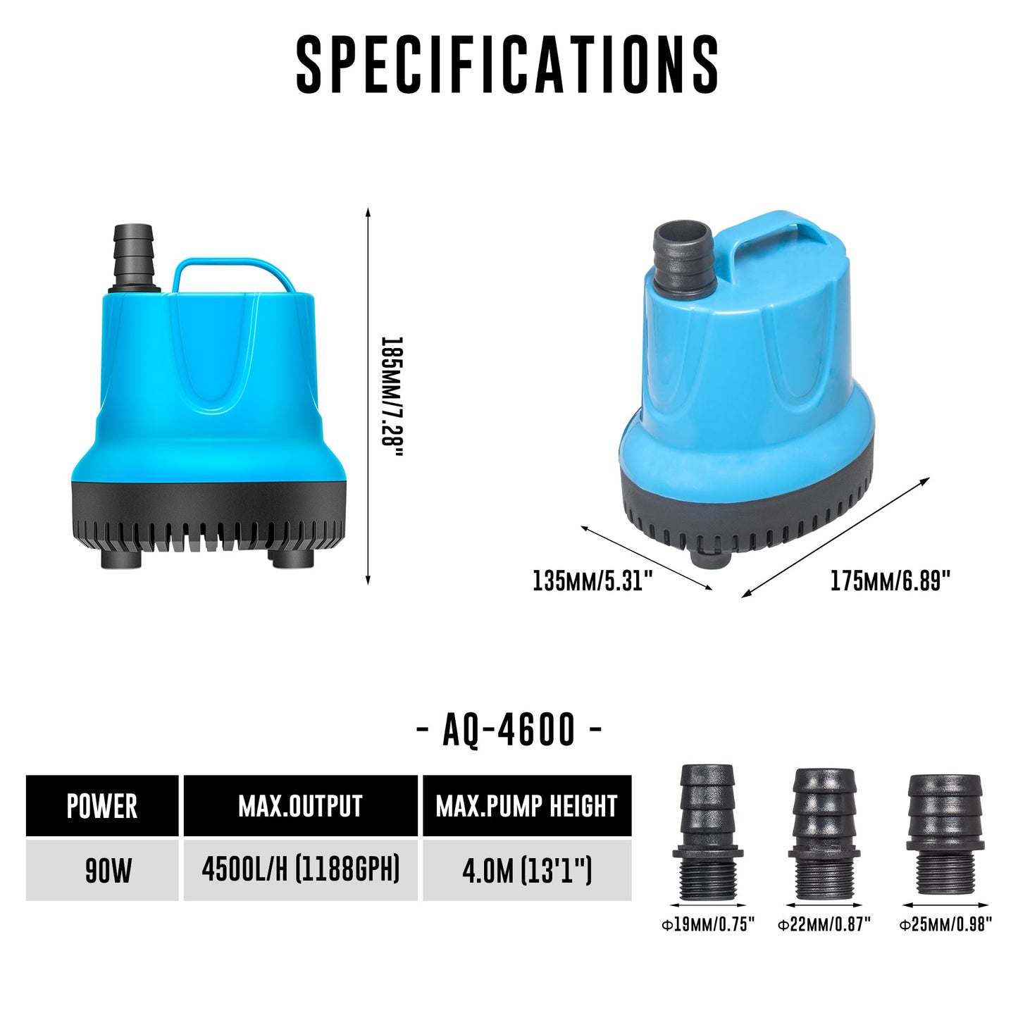 1188 GPH Bottom Feed Submersible Water Pump - 90W Energy Efficient, Low-Suction